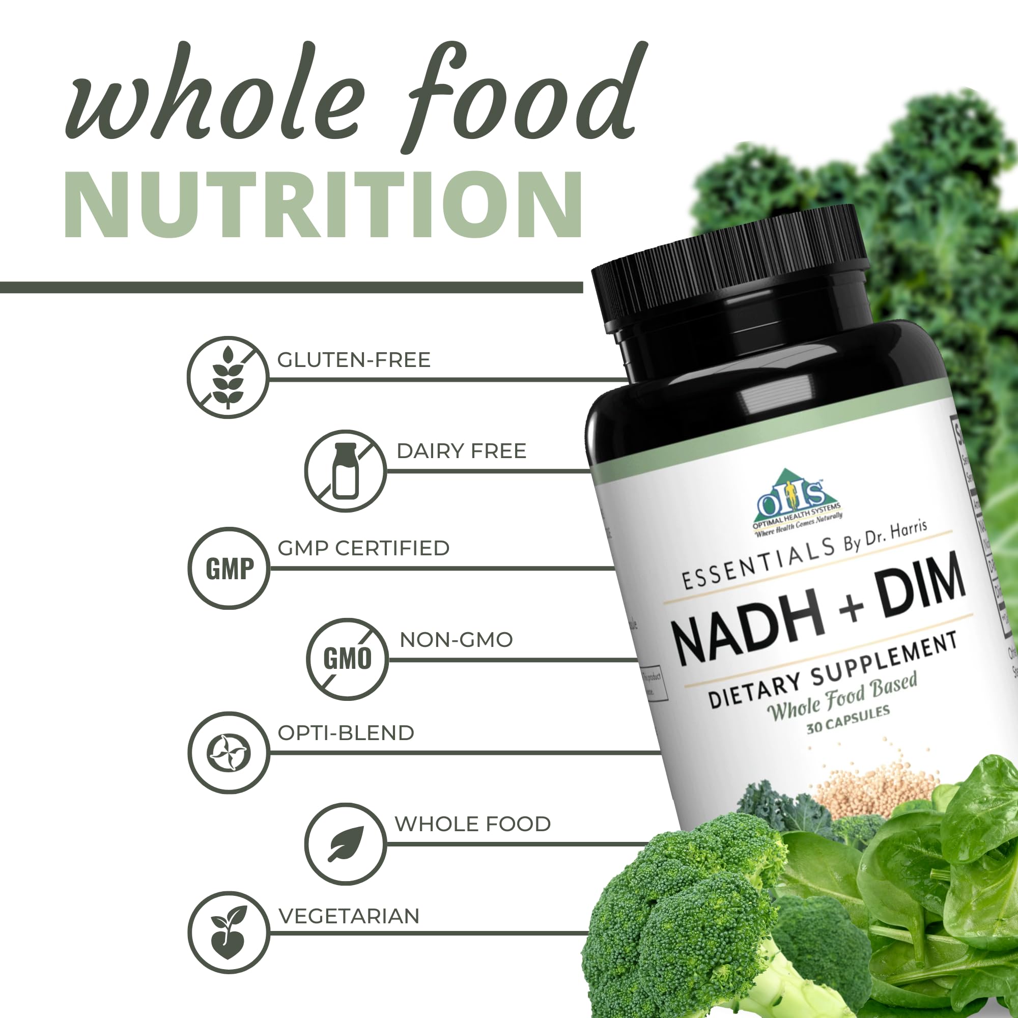 Optimal Health Systems NADH + DIM | Dr. Harris Essentials | Energy + Neurotransmitter Support | Plant-Based | Mental Clarity, Concentration, & Memory Supplement | 30 Capsules - TrustMedUSA