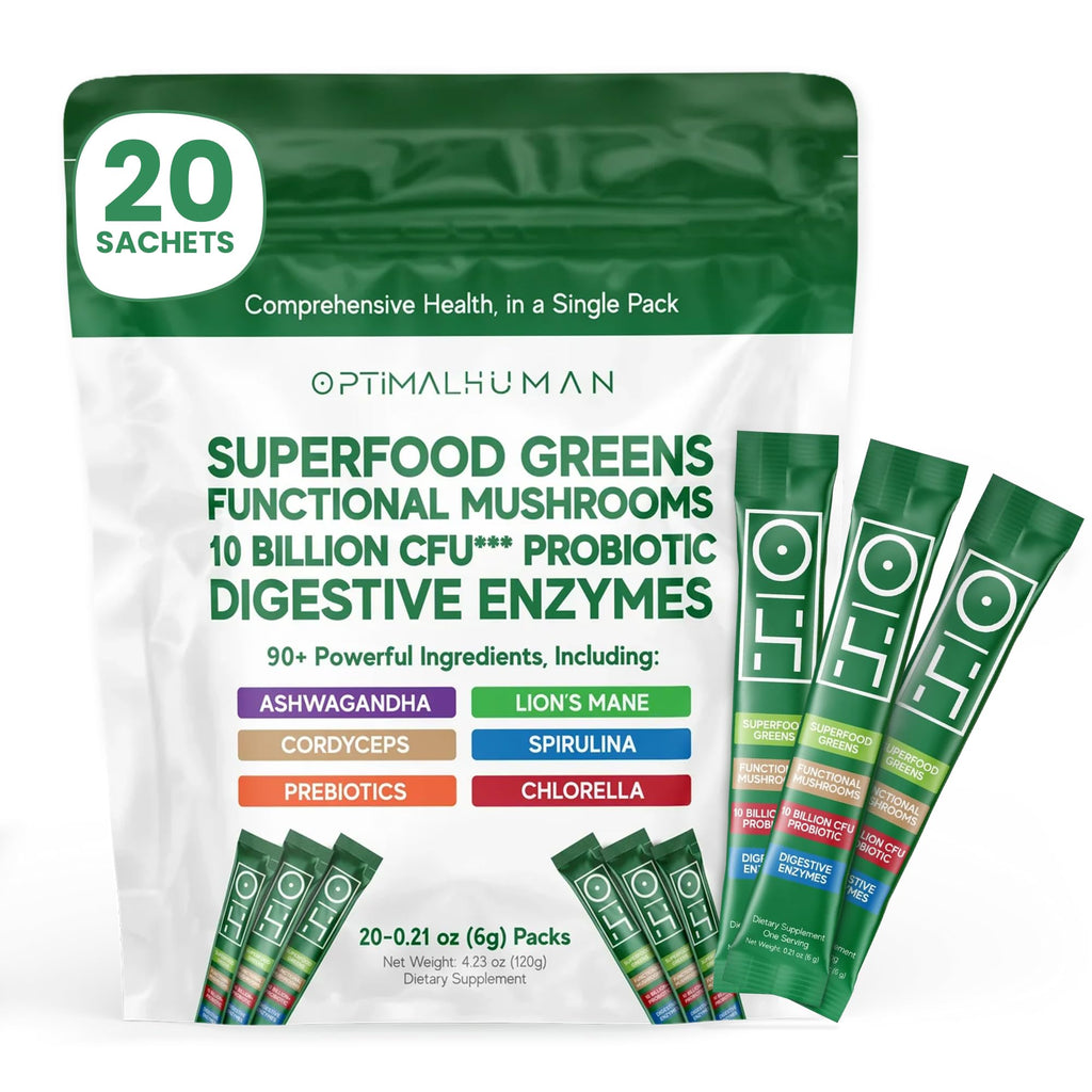 Optimal Human Superfood Greens Powder – 90+ Ingredient Blend with Lion’s Mane Supplement, Ashwagandha & Turmeric – Non-GMO, Soy-Free, Mushroom Supplements for Women – 20 Sachets - TrustMedUSA