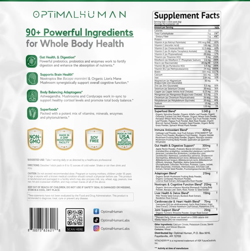 Optimal Human Superfood Greens Powder – 90+ Ingredient Blend with Lion’s Mane Supplement, Ashwagandha & Turmeric – Non-GMO, Soy-Free, Mushroom Supplements for Women – 20 Sachets - TrustMedUSA