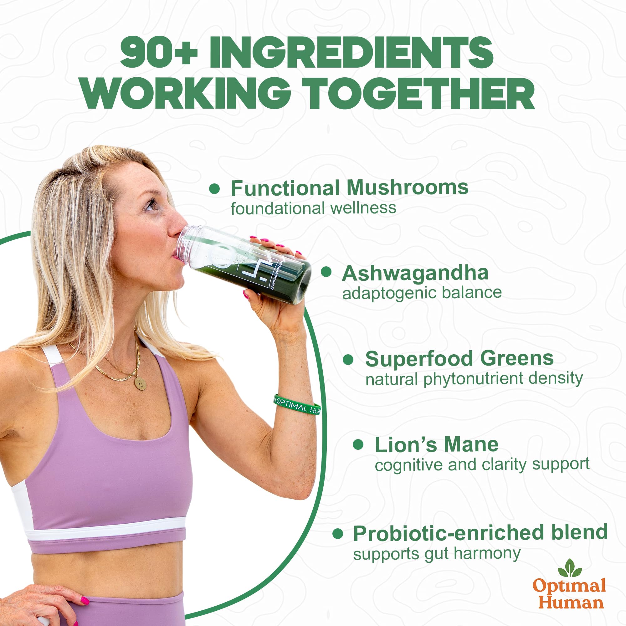 Optimal Human Superfood Greens Powder – 90+ Ingredient Blend with Lion’s Mane Supplement, Ashwagandha & Turmeric – Non-GMO, Soy-Free, Mushroom Supplements for Women – 20 Sachets - TrustMedUSA