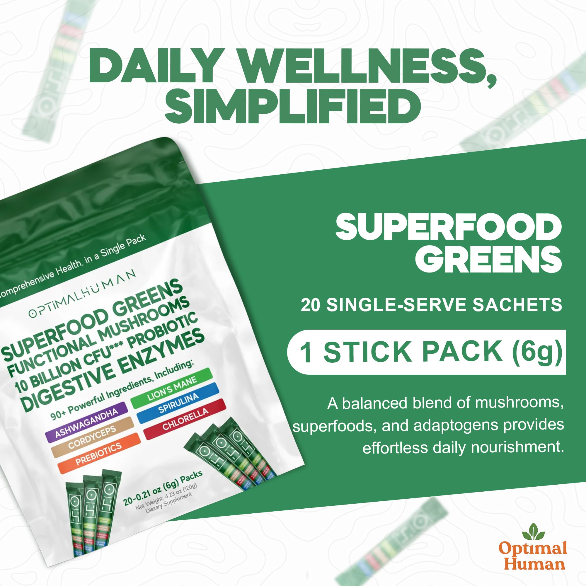 Optimal Human Superfood Greens Powder – 90+ Ingredient Blend with Lion’s Mane Supplement, Ashwagandha & Turmeric – Non-GMO, Soy-Free, Mushroom Supplements for Women – 20 Sachets - TrustMedUSA