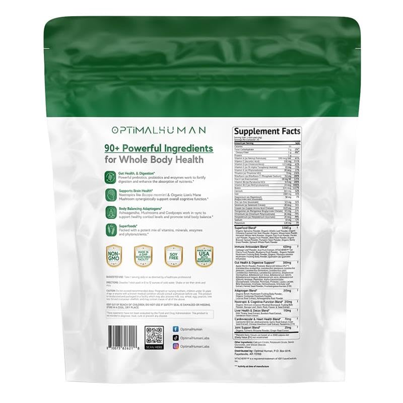 Optimal Human Superfood Greens Powder – 90+ Ingredient Blend with Lion’s Mane Supplement, Ashwagandha & Turmeric – Non-GMO, Soy-Free, Mushroom Supplements for Women – 20 Sachets - TrustMedUSA