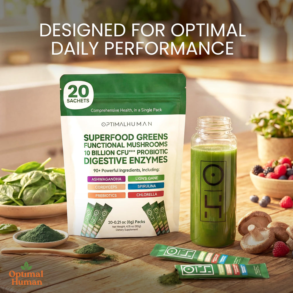 Optimal Human Superfood Greens Powder – 90+ Ingredient Blend with Lion’s Mane Supplement, Ashwagandha & Turmeric – Non-GMO, Soy-Free, Mushroom Supplements for Women – 20 Sachets - TrustMedUSA