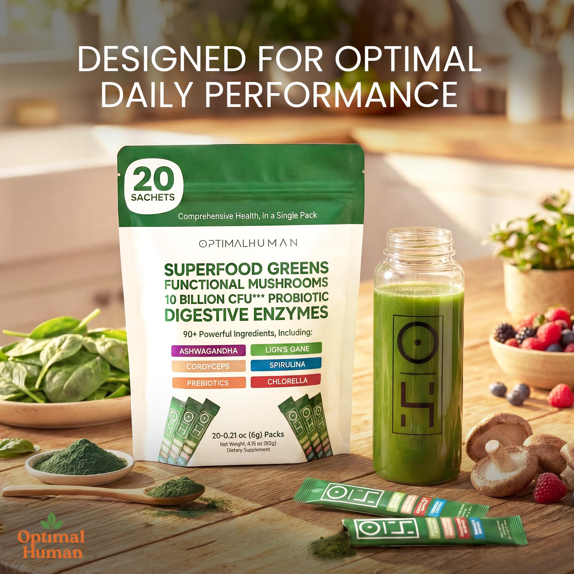 Optimal Human Superfood Greens Powder – 90+ Ingredient Blend with Lion’s Mane Supplement, Ashwagandha & Turmeric – Non-GMO, Soy-Free, Mushroom Supplements for Women – 20 Sachets - TrustMedUSA