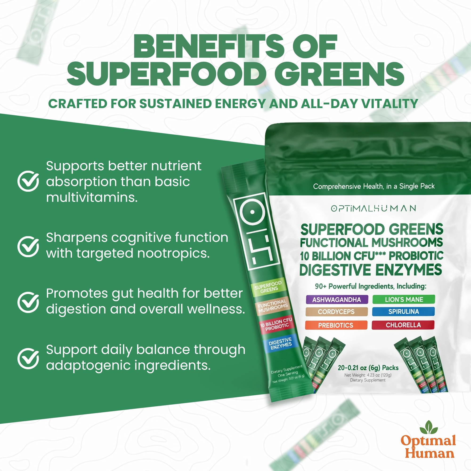 Optimal Human Superfood Greens Powder – 90+ Ingredient Blend with Lion’s Mane Supplement, Ashwagandha & Turmeric – Non-GMO, Soy-Free, Mushroom Supplements for Women – 20 Sachets - TrustMedUSA