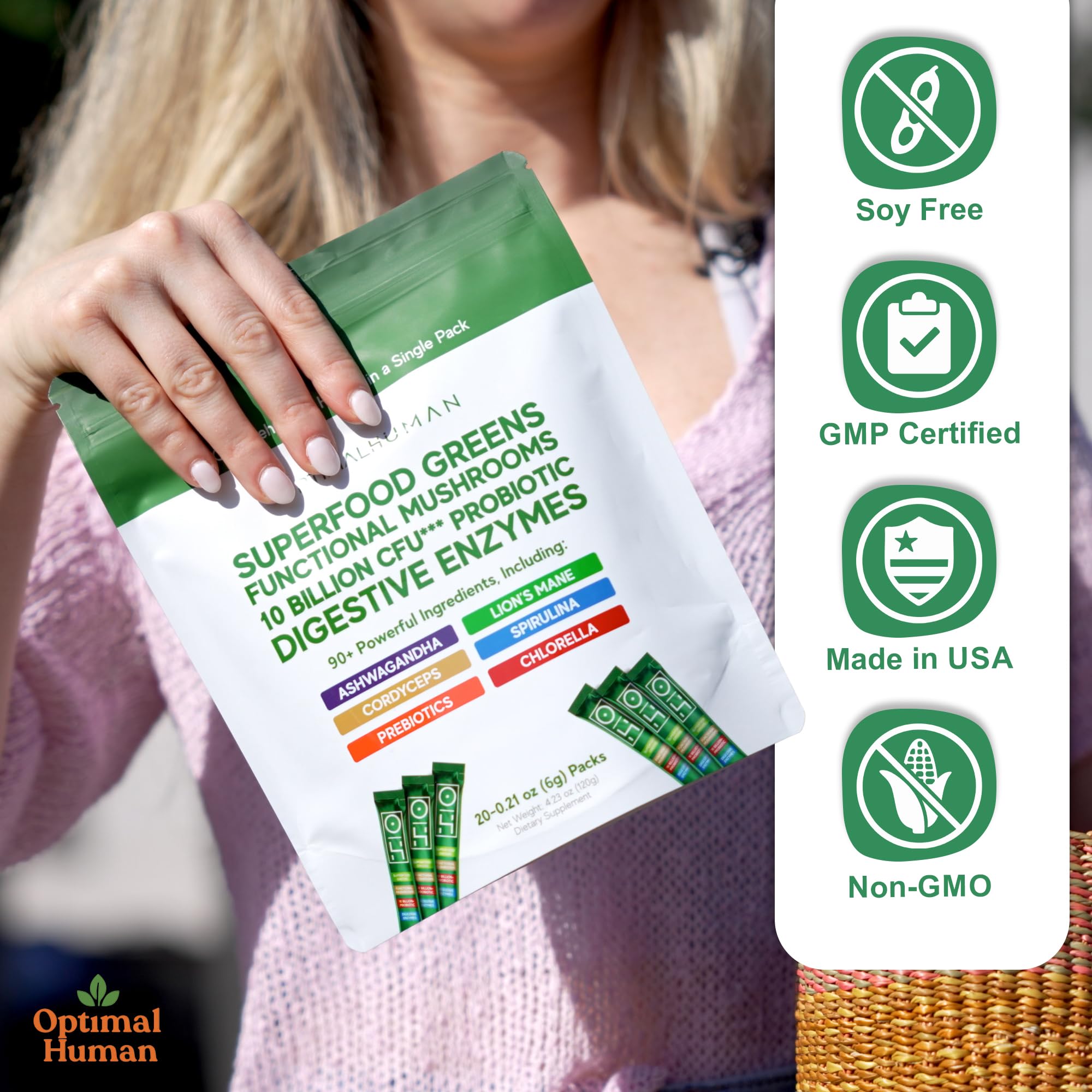 Optimal Human Superfood Greens Powder – 90+ Ingredient Blend with Lion’s Mane Supplement, Ashwagandha & Turmeric – Non-GMO, Soy-Free, Mushroom Supplements for Women – 20 Sachets - TrustMedUSA