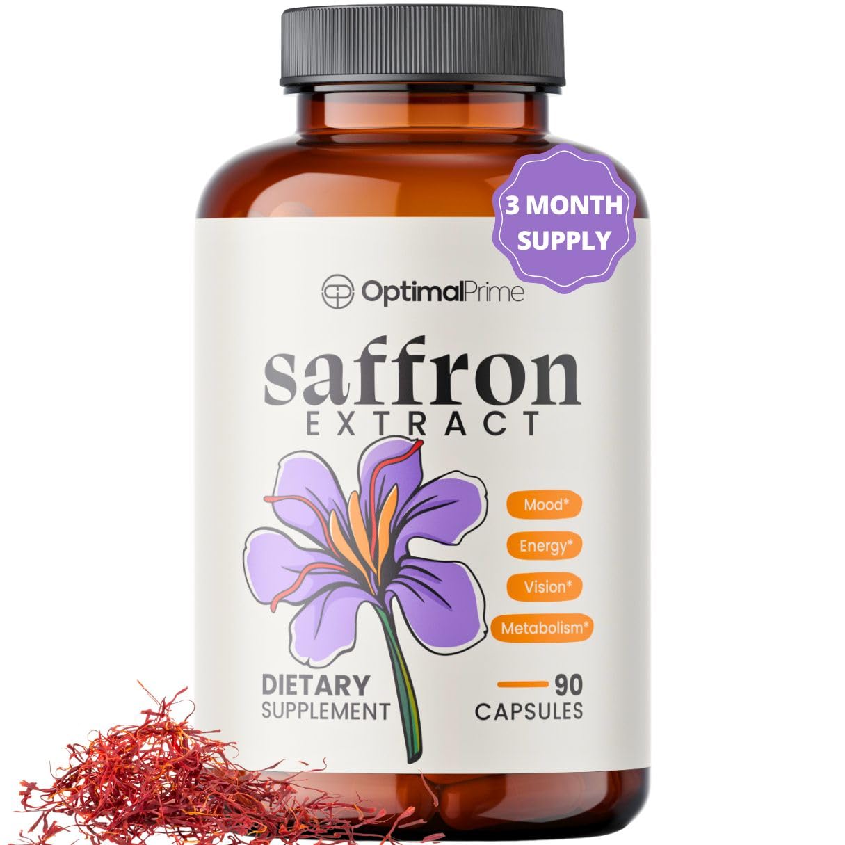 Optimal Prime Saffron Supplement - 100% Pure Saffron Extract 88.5mg - Helps Support Optimal Mood, Energy, and Metabolism, Vegetarian Friendly, Non-GMO, Gluten-Free, Soy-Free, 90 Capsules - Maple Wellness Supplements