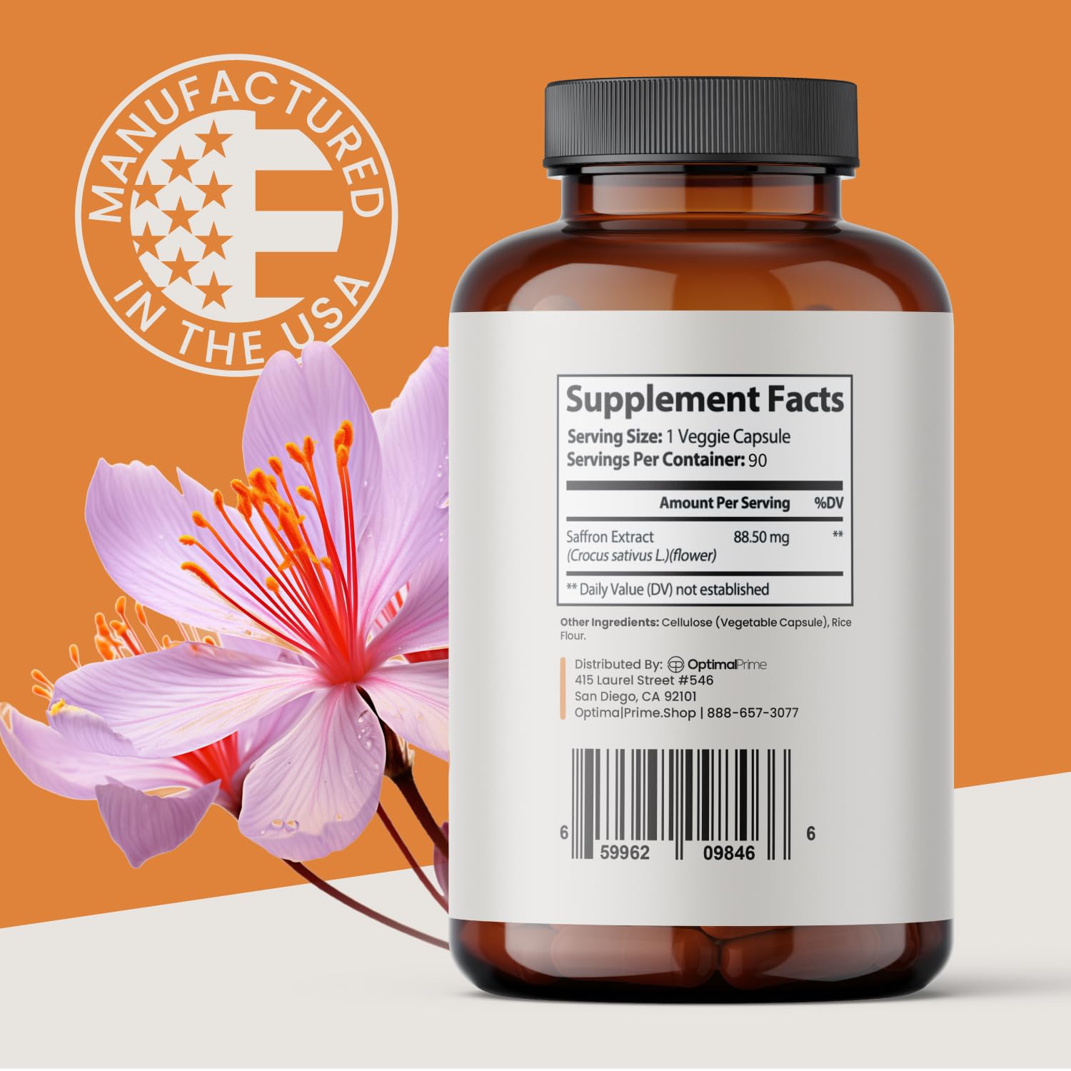Optimal Prime Saffron Supplement - 100% Pure Saffron Extract 88.5mg - Helps Support Optimal Mood, Energy, and Metabolism, Vegetarian Friendly, Non-GMO, Gluten-Free, Soy-Free, 90 Capsules - Maple Wellness Supplements
