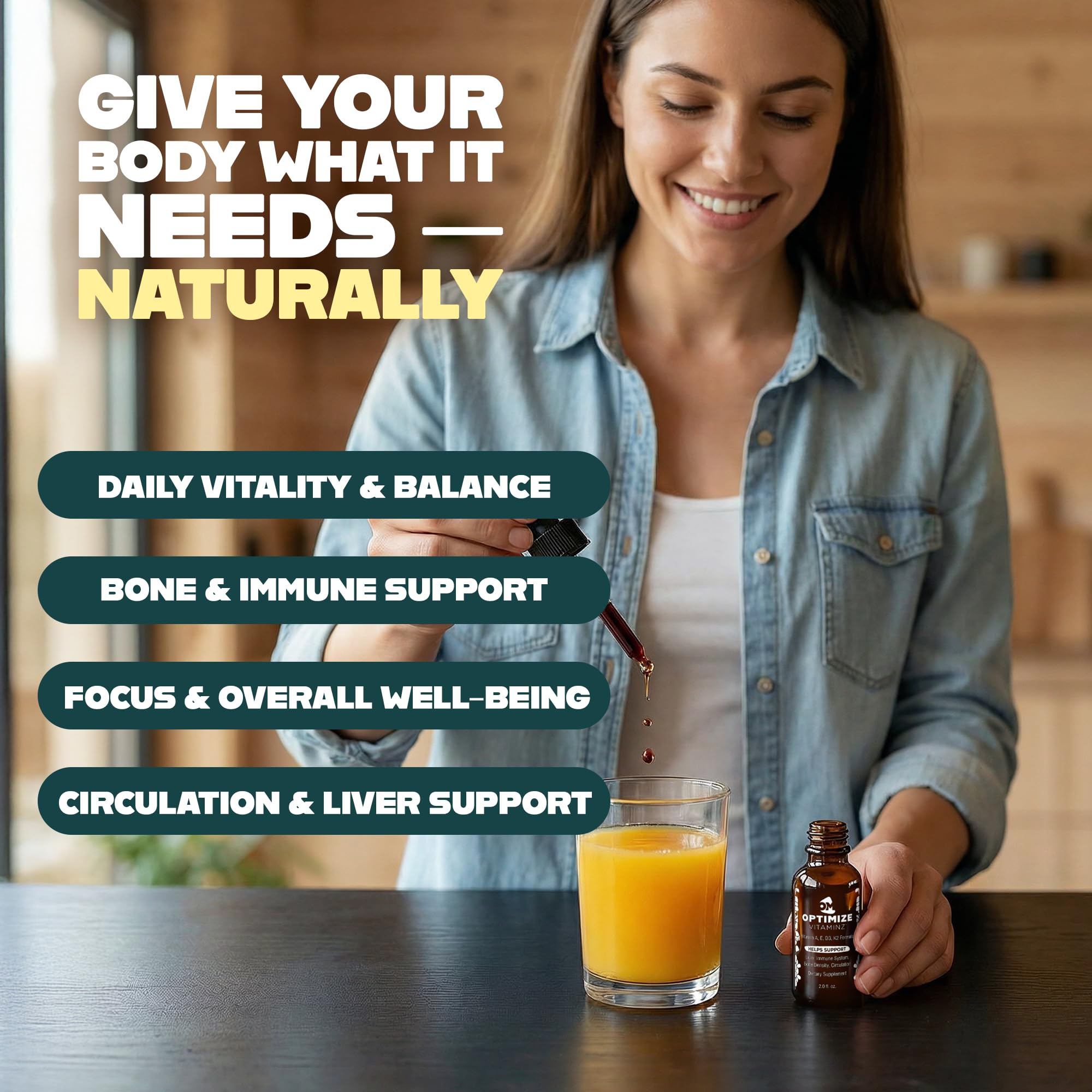 Optimize Vitaminz Liquid Vitamin D3 K2 Drops with Dandelion Root & Bilberry | Immune, Liver & Bone Support, MK-7 Formula, Fast Absorption Liquid Multivitamin, 30 Day Supply, 2 Fl Oz - TrustMedUSA