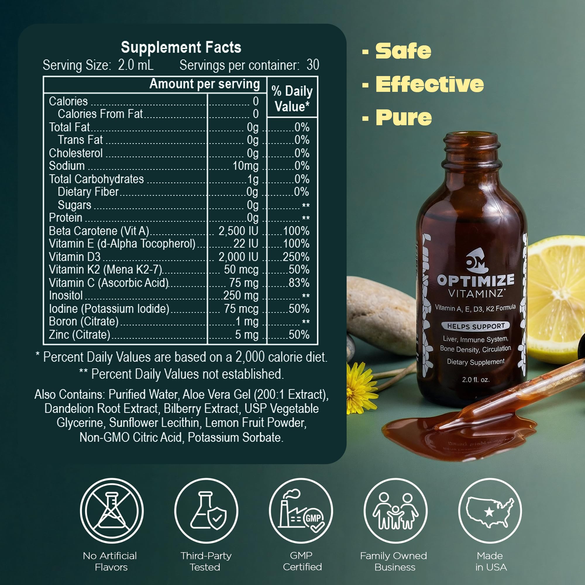 Optimize Vitaminz Liquid Vitamin D3 K2 Drops with Dandelion Root & Bilberry | Immune, Liver & Bone Support, MK-7 Formula, Fast Absorption Liquid Multivitamin, 30 Day Supply, 2 Fl Oz - TrustMedUSA