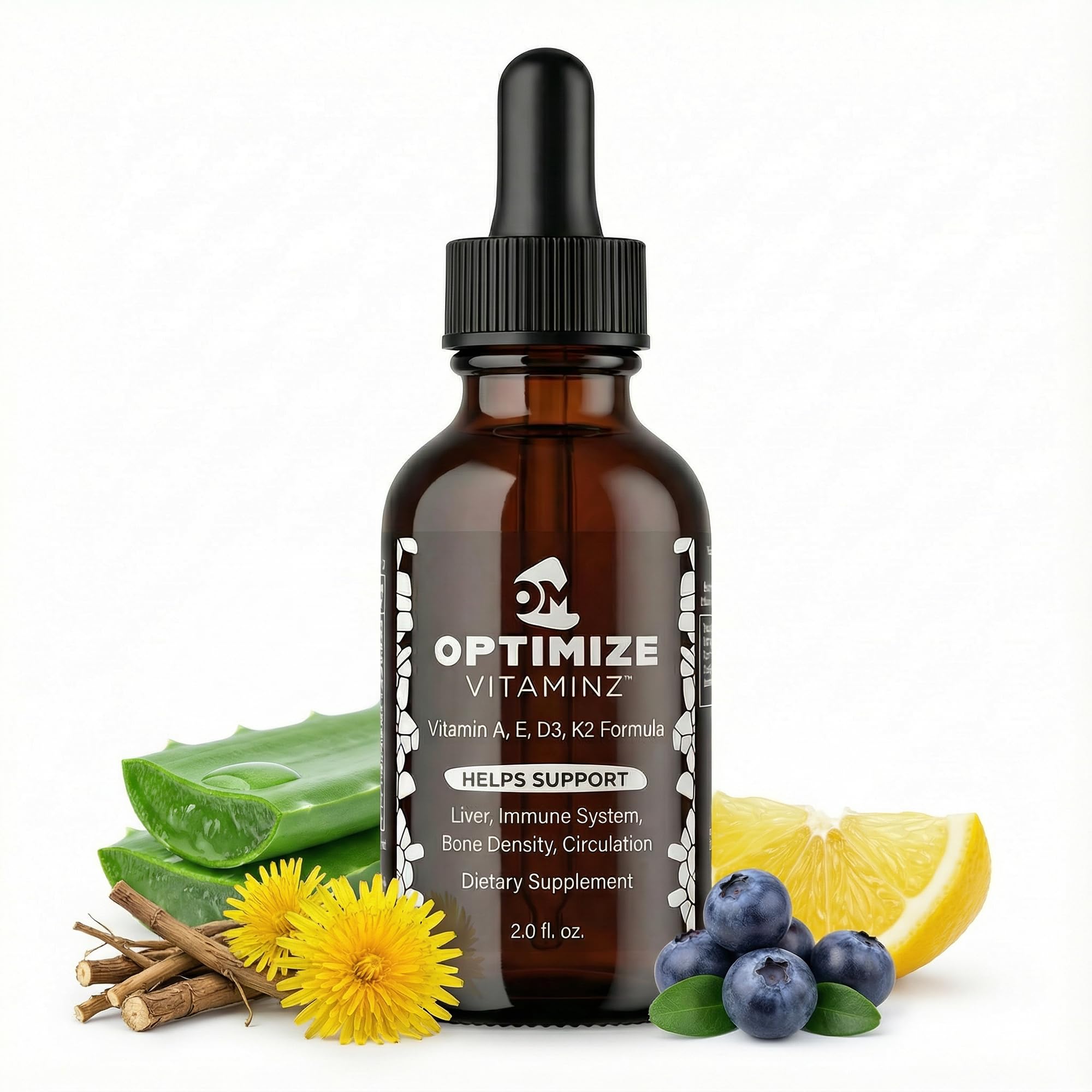 Optimize Vitaminz Liquid Vitamin D3 K2 Drops with Dandelion Root & Bilberry | Immune, Liver & Bone Support, MK-7 Formula, Fast Absorption Liquid Multivitamin, 30 Day Supply, 2 Fl Oz - TrustMedUSA