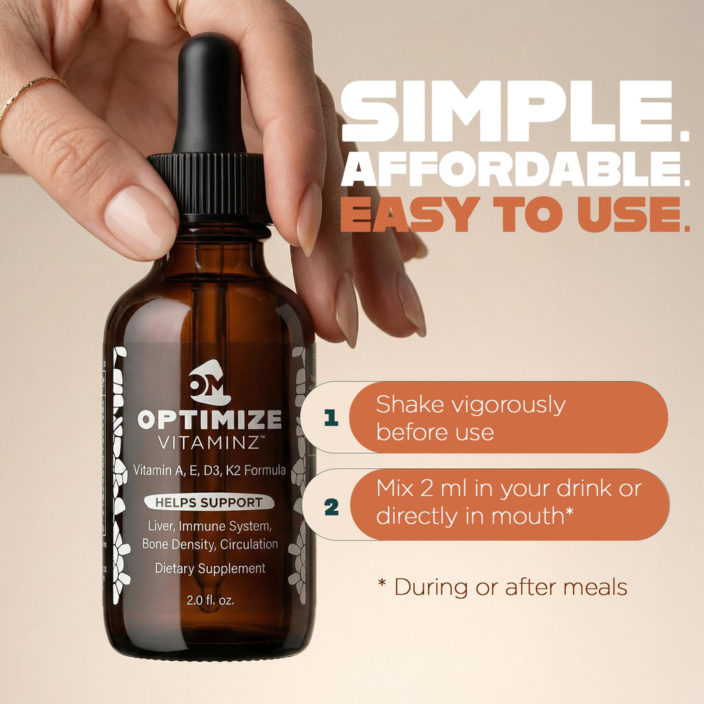 Optimize Vitaminz Liquid Vitamin D3 K2 Drops with Dandelion Root & Bilberry | Immune, Liver & Bone Support, MK-7 Formula, Fast Absorption Liquid Multivitamin, 30 Day Supply, 2 Fl Oz - TrustMedUSA