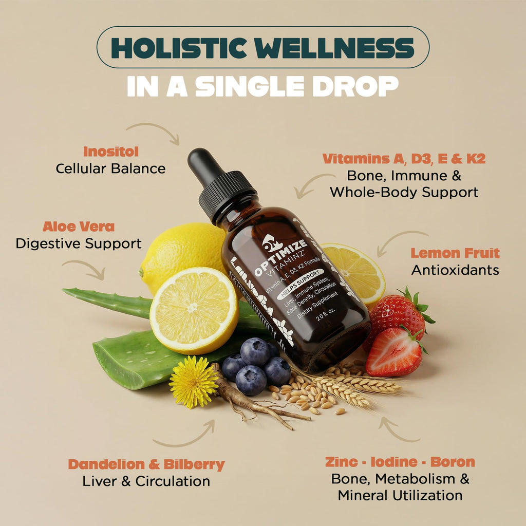 Optimize Vitaminz Liquid Vitamin D3 K2 Drops with Dandelion Root & Bilberry | Immune, Liver & Bone Support, MK-7 Formula, Fast Absorption Liquid Multivitamin, 30 Day Supply, 2 Fl Oz - TrustMedUSA