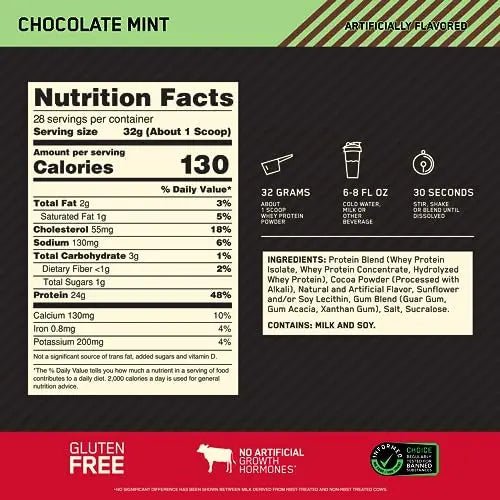 Optimum Nutrition Gold Standard 100% Whey Protein Powder, Chocolate Mint, 2 Pound - TrustMedUSA