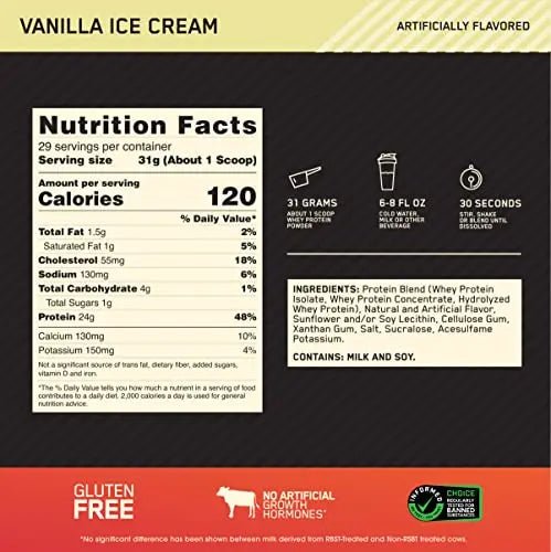 Optimum Nutrition Gold Standard 100% Whey Protein Powder, Vanilla Ice Cream, 2 Pound - TrustMedUSA