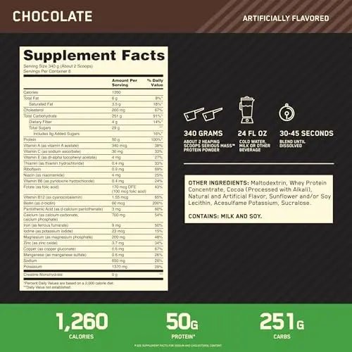 Optimum Nutrition Serious Mass, Weight Gainer Protein Powder, Chocolate, 6 Pound - TrustMedUSA