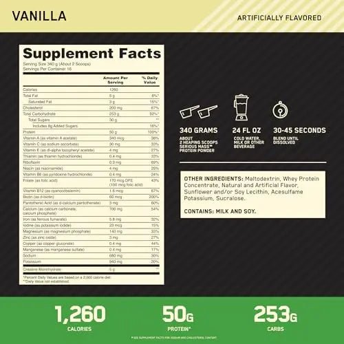 Optimum Nutrition Serious Mass Weight Gainer Protein Powder Vitamin C Zinc and Vitamin - TrustMedUSA