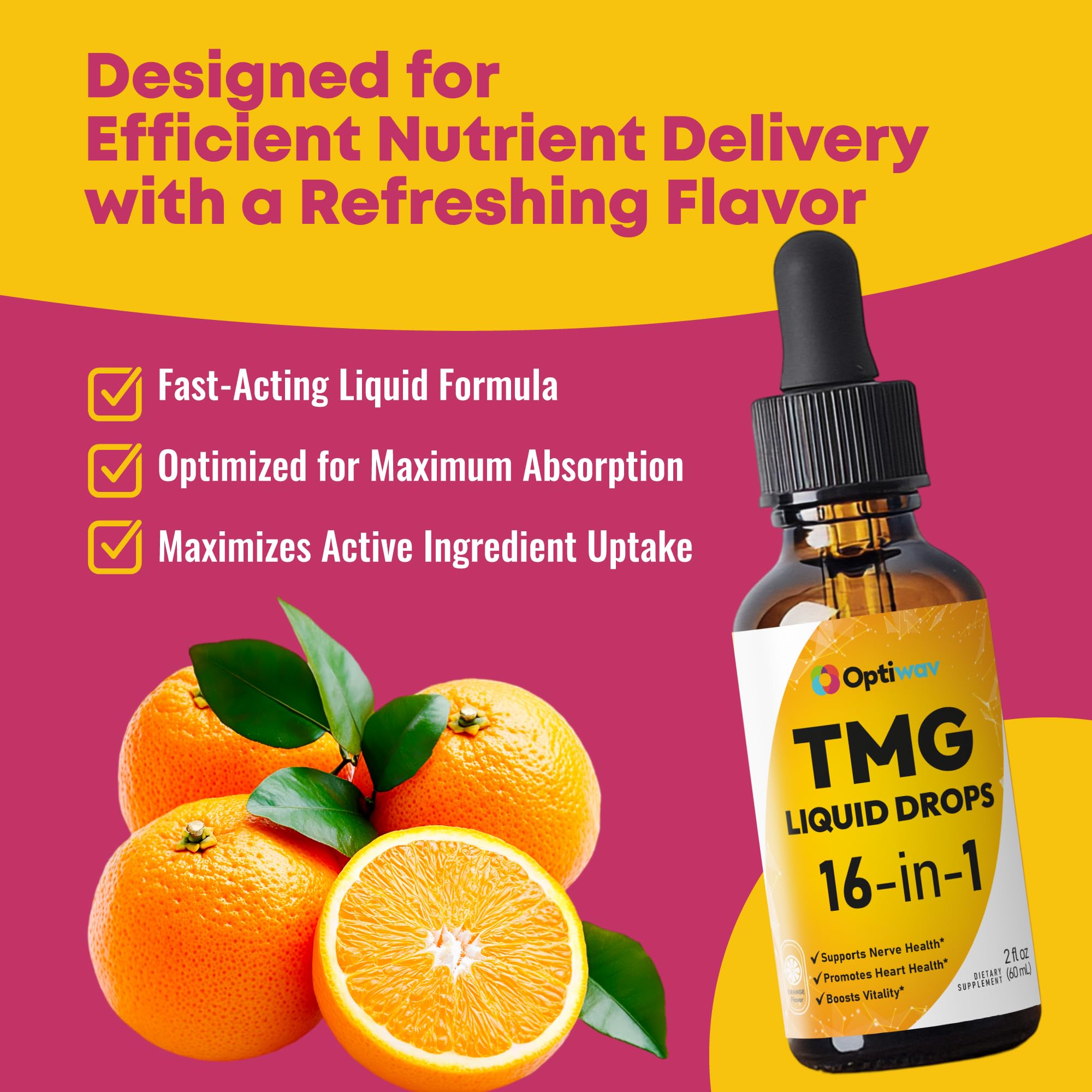 Optiwav TMG Trimethylglycine Liquid Drops - Betaine High Absorption Methylated Vitamins Supplement for Homocysteine Methylation & Heart Health Support - Orange Flavor Gluten Free Vegan - 2 fl oz - TrustMedUSA