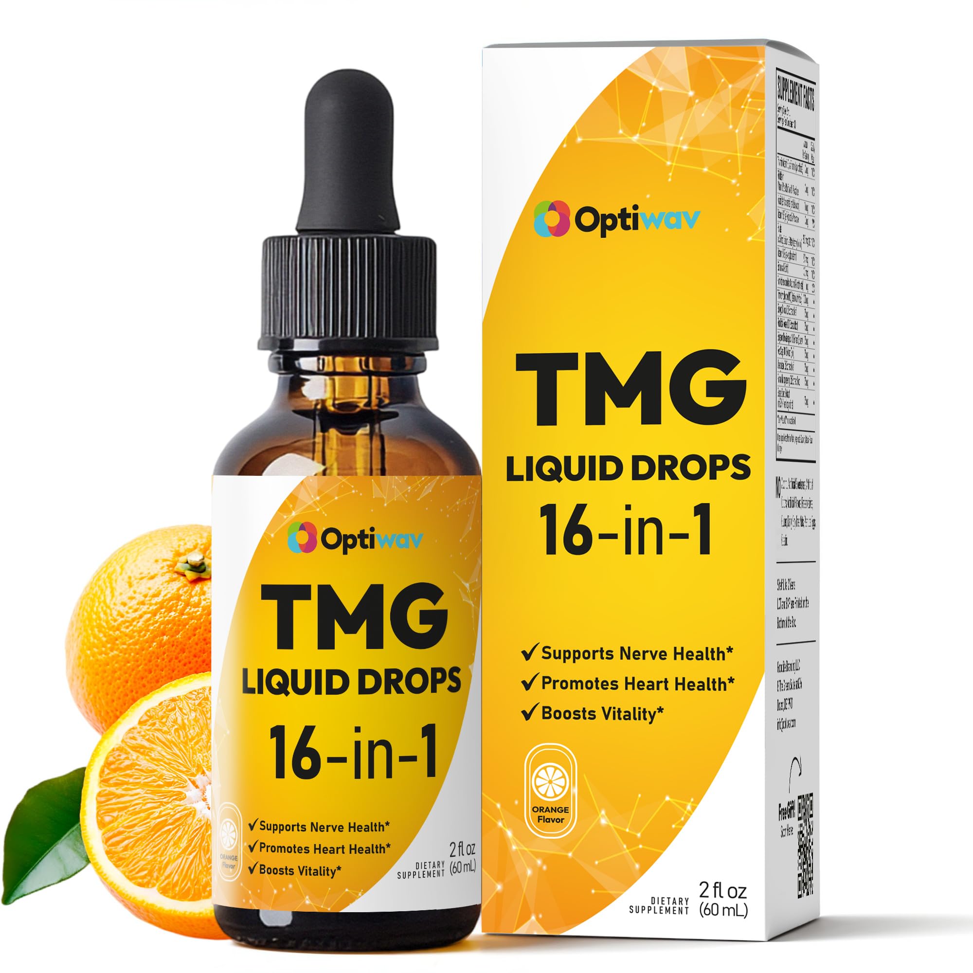 Optiwav TMG Trimethylglycine Liquid Drops - Betaine High Absorption Methylated Vitamins Supplement for Homocysteine Methylation & Heart Health Support - Orange Flavor Gluten Free Vegan - 2 fl oz - TrustMedUSA