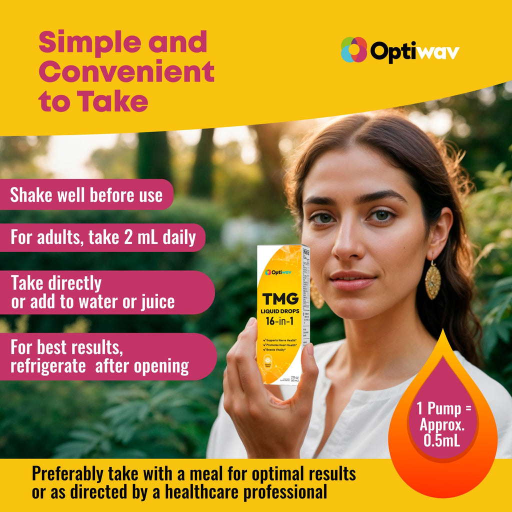 Optiwav TMG Trimethylglycine Liquid Drops - Betaine High Absorption Methylated Vitamins Supplement for Homocysteine Methylation & Heart Health Support - Orange Flavor Gluten Free Vegan - 2 fl oz - TrustMedUSA