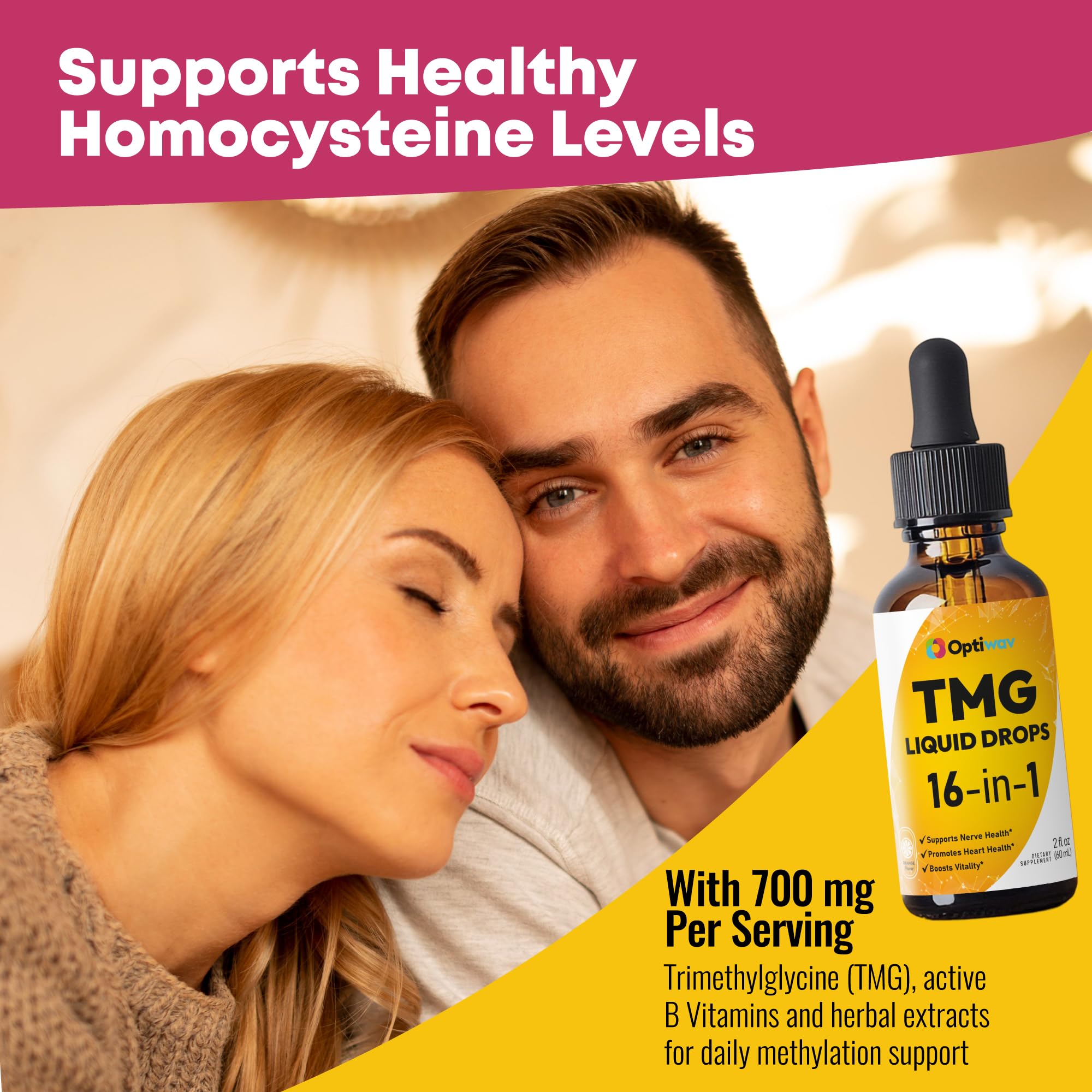 Optiwav TMG Trimethylglycine Liquid Drops - Betaine High Absorption Methylated Vitamins Supplement for Homocysteine Methylation & Heart Health Support - Orange Flavor Gluten Free Vegan - 2 fl oz - TrustMedUSA