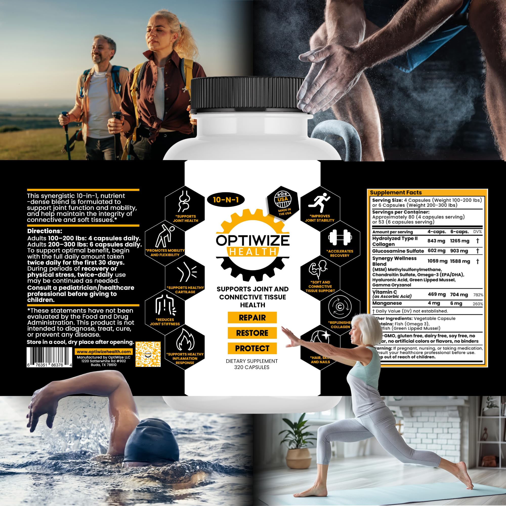 OptiWize 10-N-1 Joint Support Hydrolyzed Collagen,MSM, Hyaluronic Acid, Glucosamine,Chondroitin & More- Targets Joint Discomfort, - TrustMedUSA