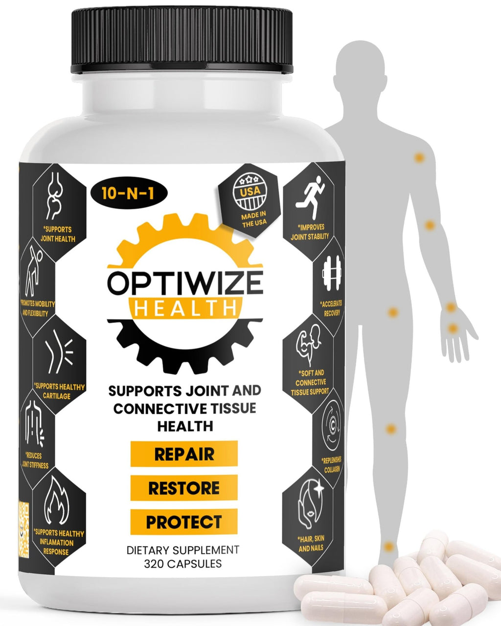 OptiWize 10-N-1 Joint Support Hydrolyzed Collagen,MSM, Hyaluronic Acid, Glucosamine,Chondroitin & More- Targets Joint Discomfort, - TrustMedUSA