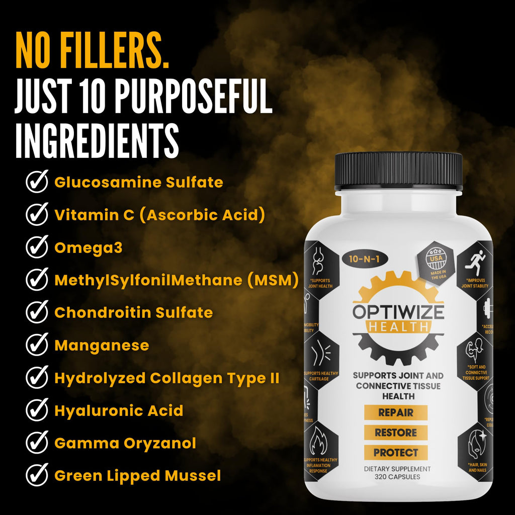 OptiWize 10-N-1 Joint Support Hydrolyzed Collagen,MSM, Hyaluronic Acid, Glucosamine,Chondroitin & More- Targets Joint Discomfort, - TrustMedUSA