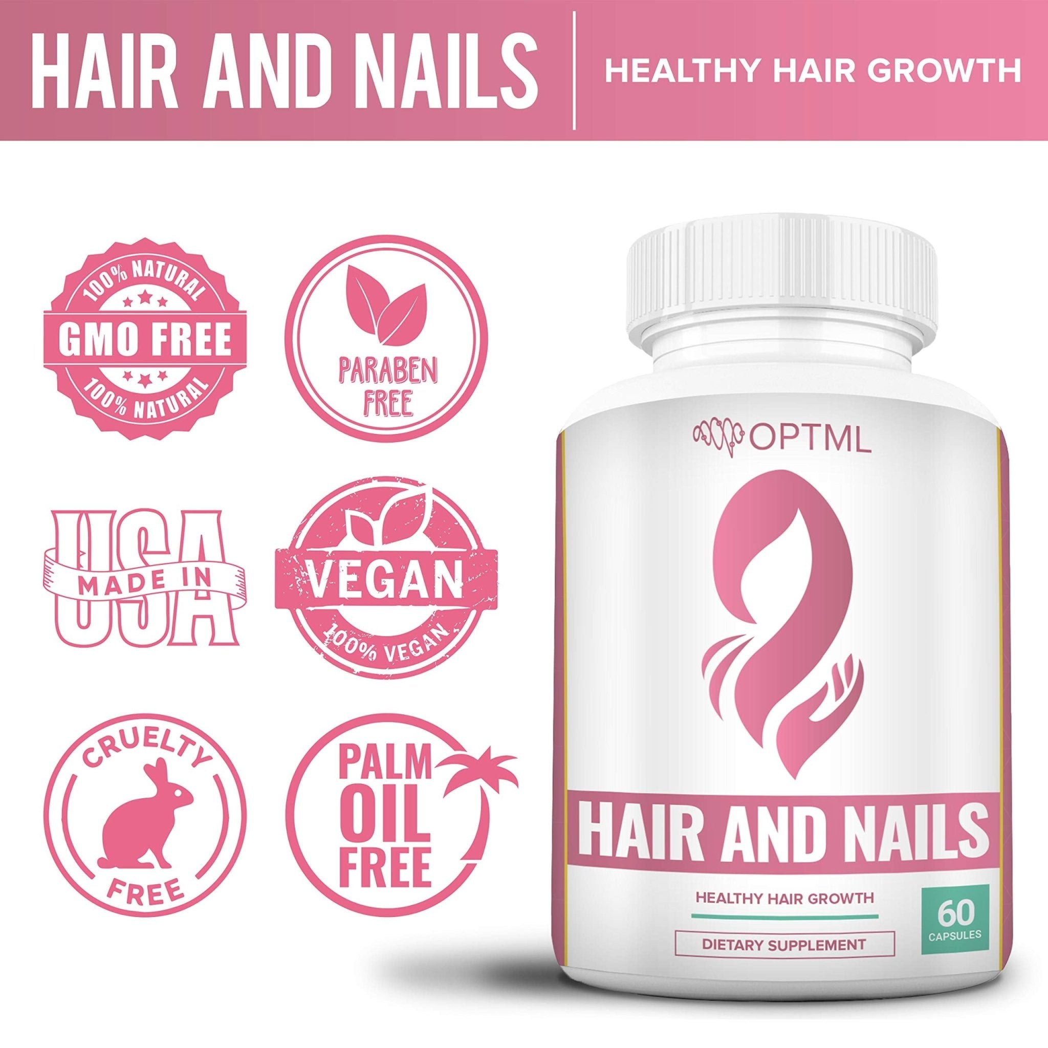 OPTML Hair and Nail Vitamins for Hair Growth and Thickness, Biotin-Infused Hair Pills, Hair Vitamins for Faster Hair Growth and Healthy Nails, for Women and Men, 60 Capsules - TrustMedUSA