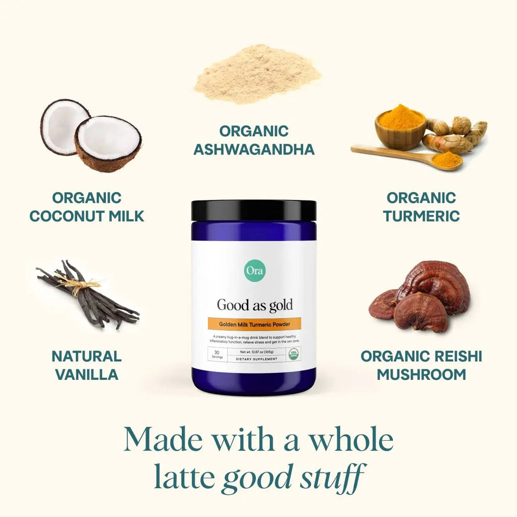 Ora Organic Golden Milk Powder - Ayurvedic Turmeric Powder with Organic Adaptogens - Ashwagandha, Reishi and Ginger | Organic, Gluten-Free, Soy-Free, Vegan, Non-GMO - Maple & Vanilla, 30 Servings - TrustMedUSA