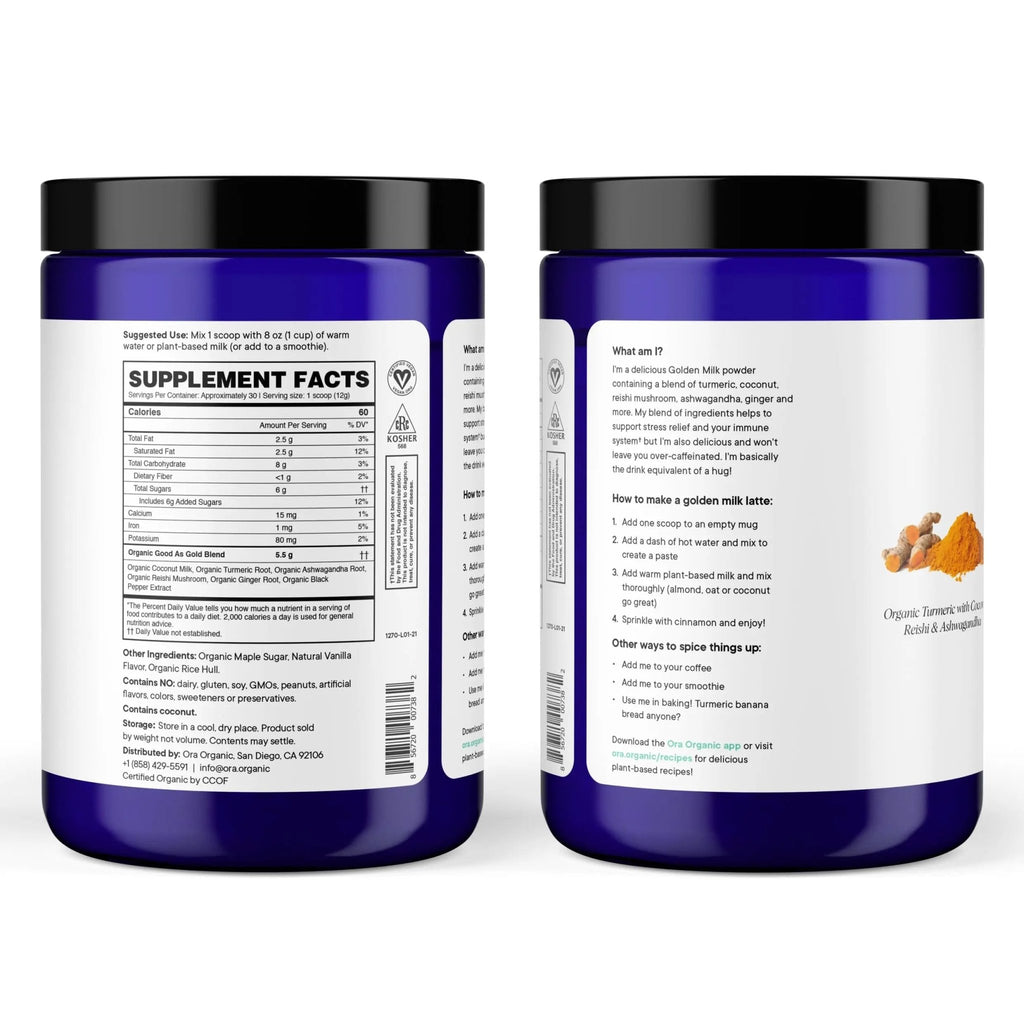 Ora Organic Golden Milk Powder - Ayurvedic Turmeric Powder with Organic Adaptogens - Ashwagandha, Reishi and Ginger | Organic, Gluten-Free, Soy-Free, Vegan, Non-GMO - Maple & Vanilla, 30 Servings - TrustMedUSA