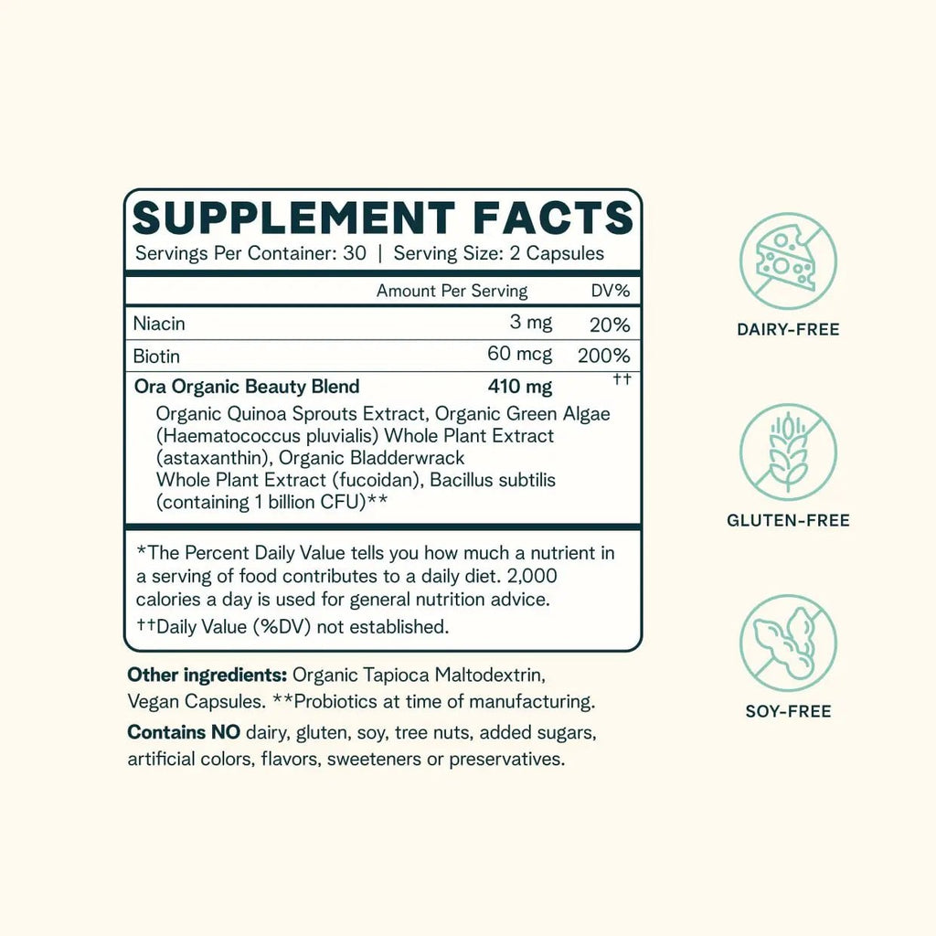 Ora Organic Hair, Skin, and Nails Support- BeYouTiful - Beauty Supplement with B Vitamins and Algae Extracts for Healthy Hair and Skin - 60 Vegan Capsules - TrustMedUSA