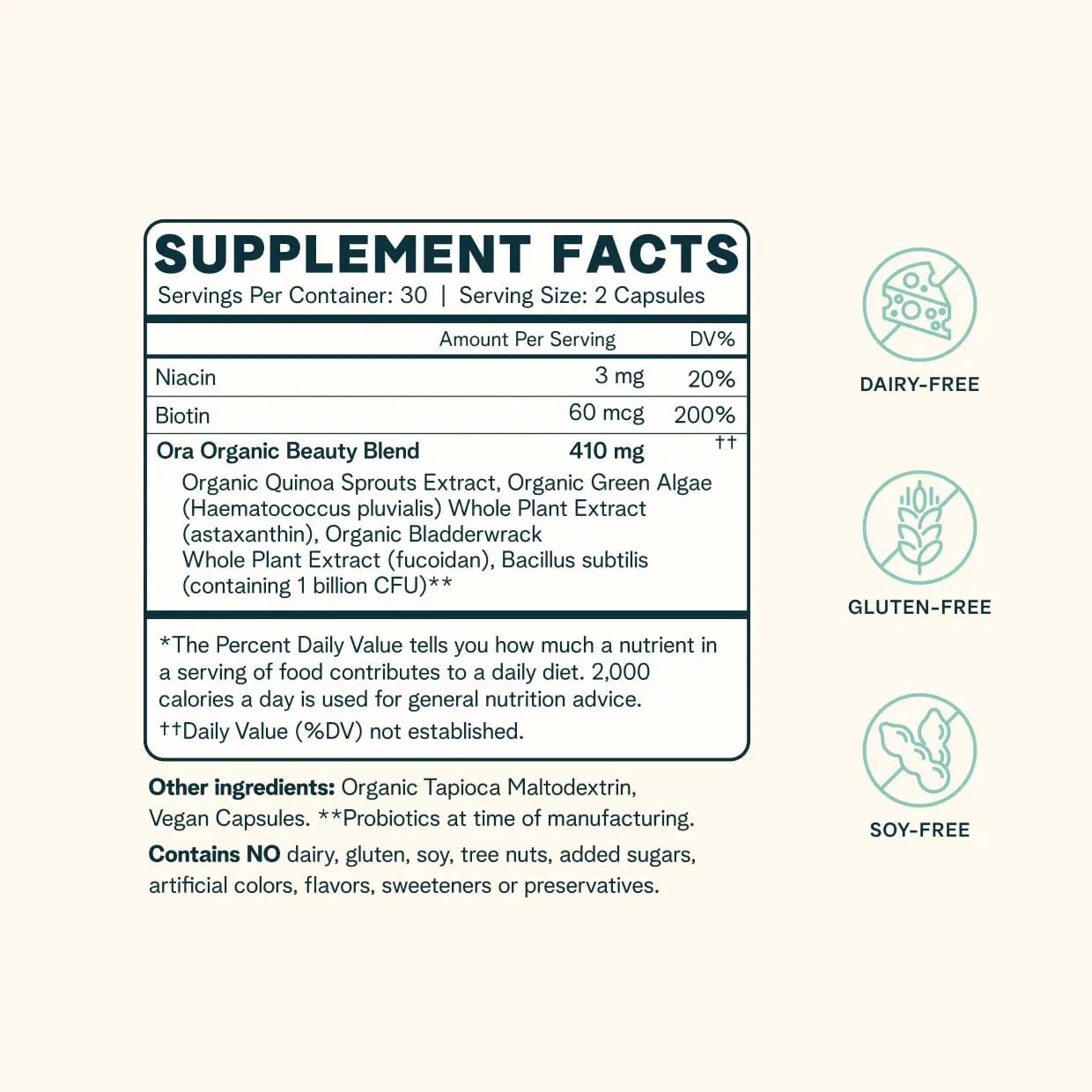 Ora Organic Hair, Skin, and Nails Support- BeYouTiful - Beauty Supplement with B Vitamins and Algae Extracts for Healthy Hair and Skin - 60 Vegan Capsules - TrustMedUSA