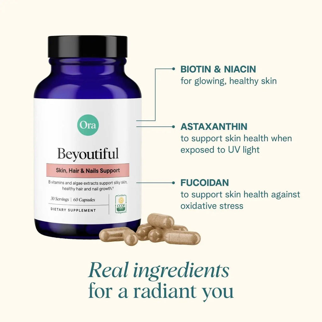 Ora Organic Hair, Skin, and Nails Support- BeYouTiful - Beauty Supplement with B Vitamins and Algae Extracts for Healthy Hair and Skin - 60 Vegan Capsules - TrustMedUSA