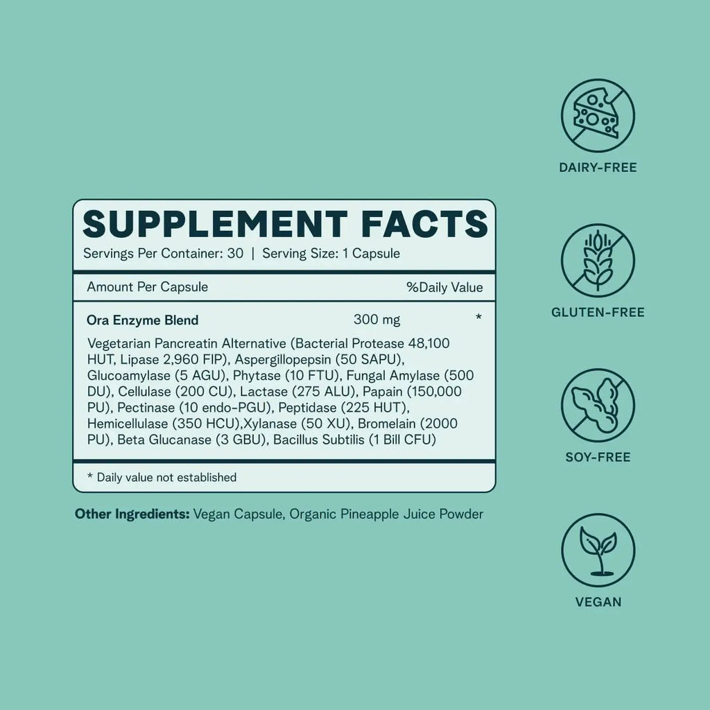 Ora Organic Multi-Enzyme Supplement - Vegan, Gluten Free Enzymes for Digestion with Probiotics for Gut Health, Bloating, Constipation and Gas Relief - 30 Easy to Swallow Capsules - TrustMedUSA