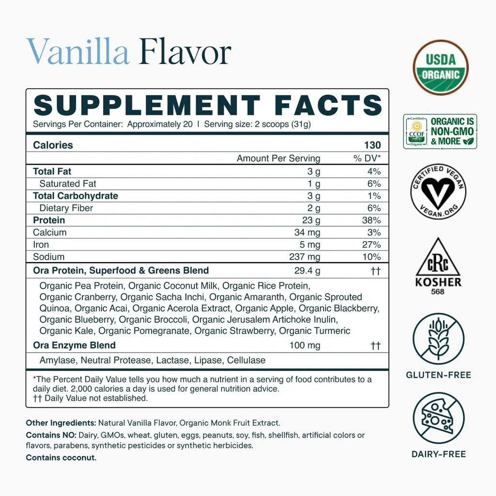 Ora Organic Plant-Based Protein Powder - 23g Protein for Women and Men - Vanilla Flavor 20 Servings, Vegan, Clean Protein - TrustMedUSA