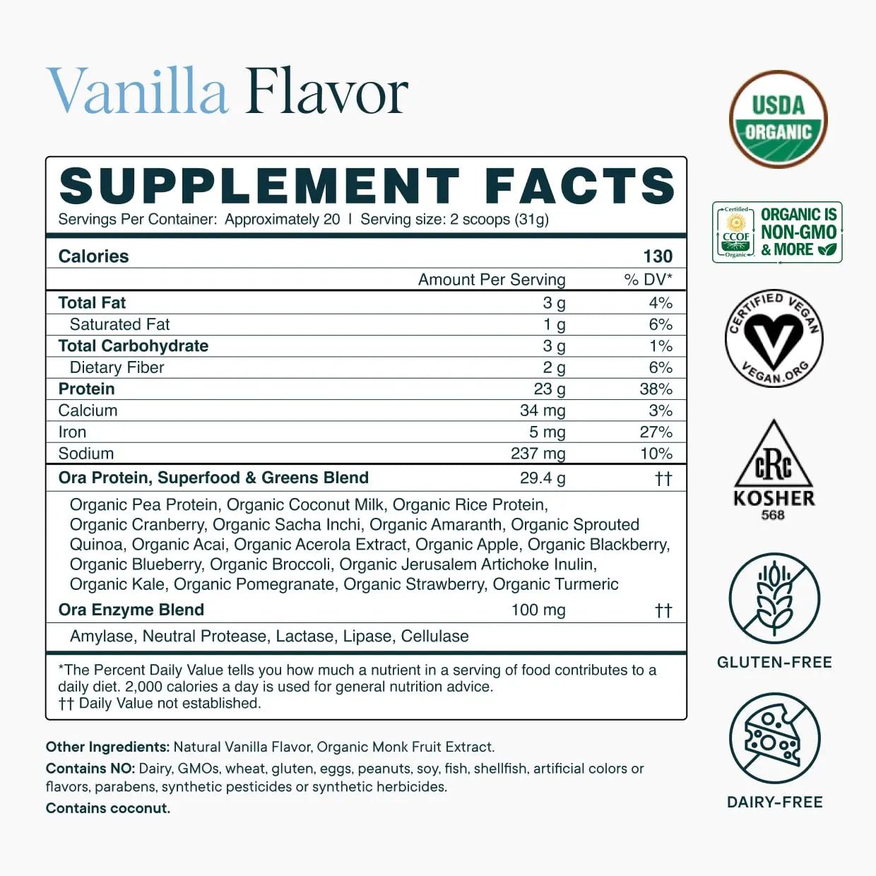 Ora Organic Plant-Based Protein Powder - 23g Protein for Women and Men - Vanilla Flavor 20 Servings, Vegan, Clean Protein - TrustMedUSA