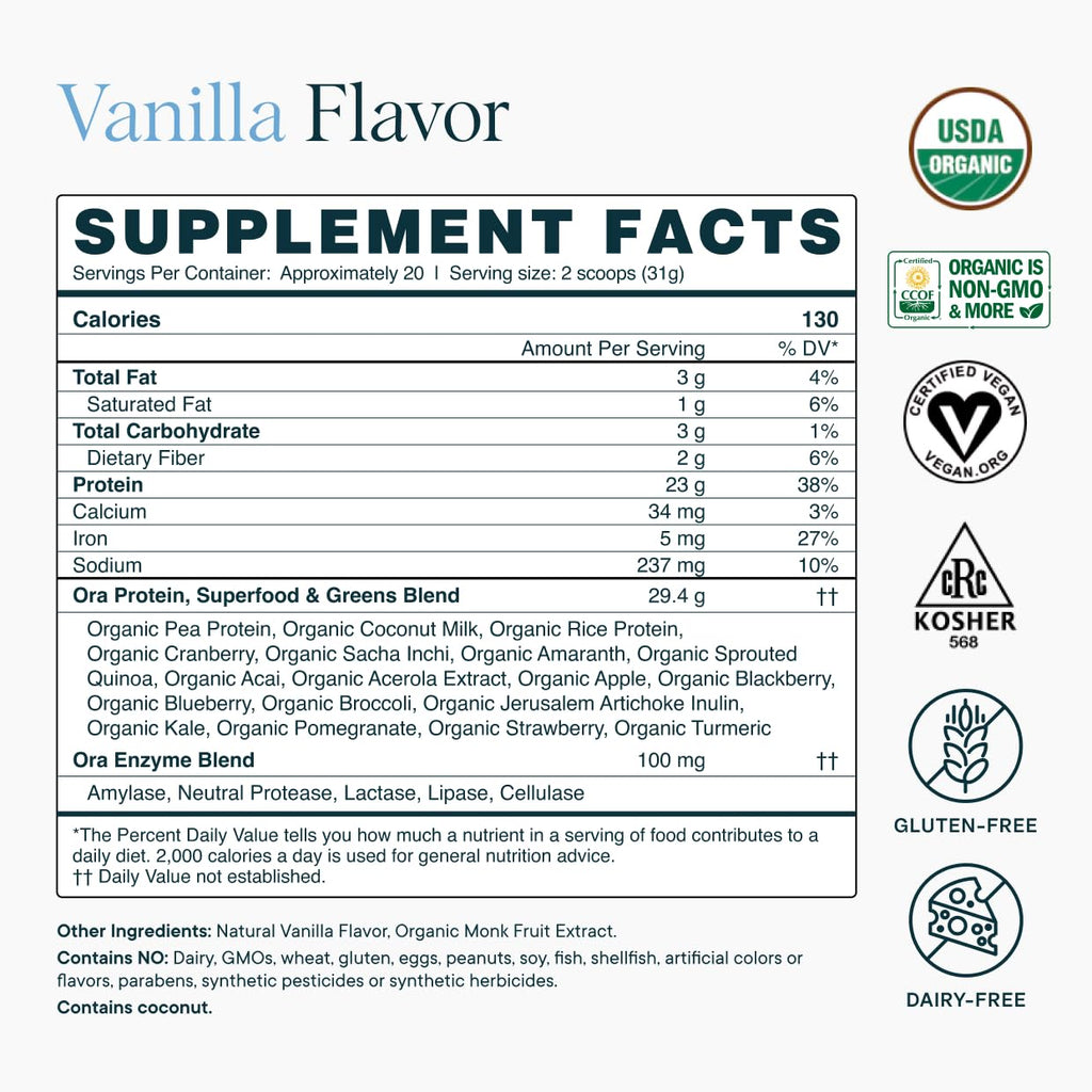 Ora Organic Plant-Based Protein Powder - 23g Protein for Women and Men - Vanilla Flavor 20 Servings, Vegan, Clean Protein, Third-Party Tested, Gluten-Free - 20 Servings - Maple Wellness Supplements