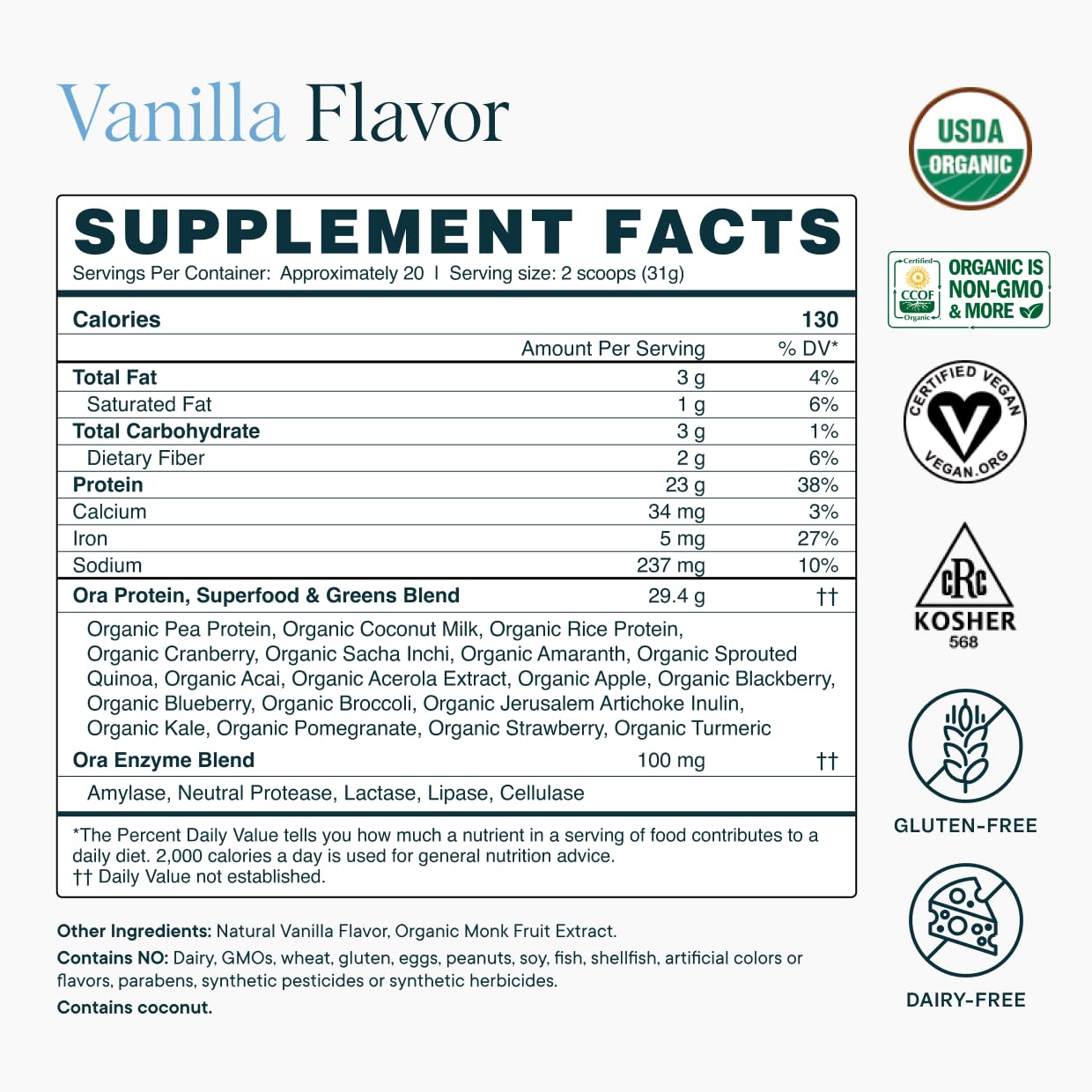 Ora Organic Plant-Based Protein Powder - 23g Protein for Women and Men - Vanilla Flavor 20 Servings, Vegan, Clean Protein, Third-Party Tested, Gluten-Free - 20 Servings - Maple Wellness Supplements
