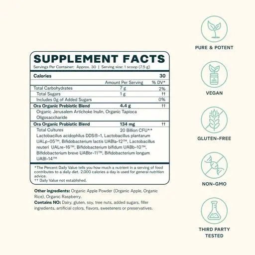 Ora Organic Prebiotic and Probiotic Powder Supplement - 20 Billion Probiotics, 7 Strains for Best Prebiotic Powder, Non-GMO, Probiotics for Women, Men & Kids - Apple Raspberry Flavor, 30 Servings… - TrustMedUSA