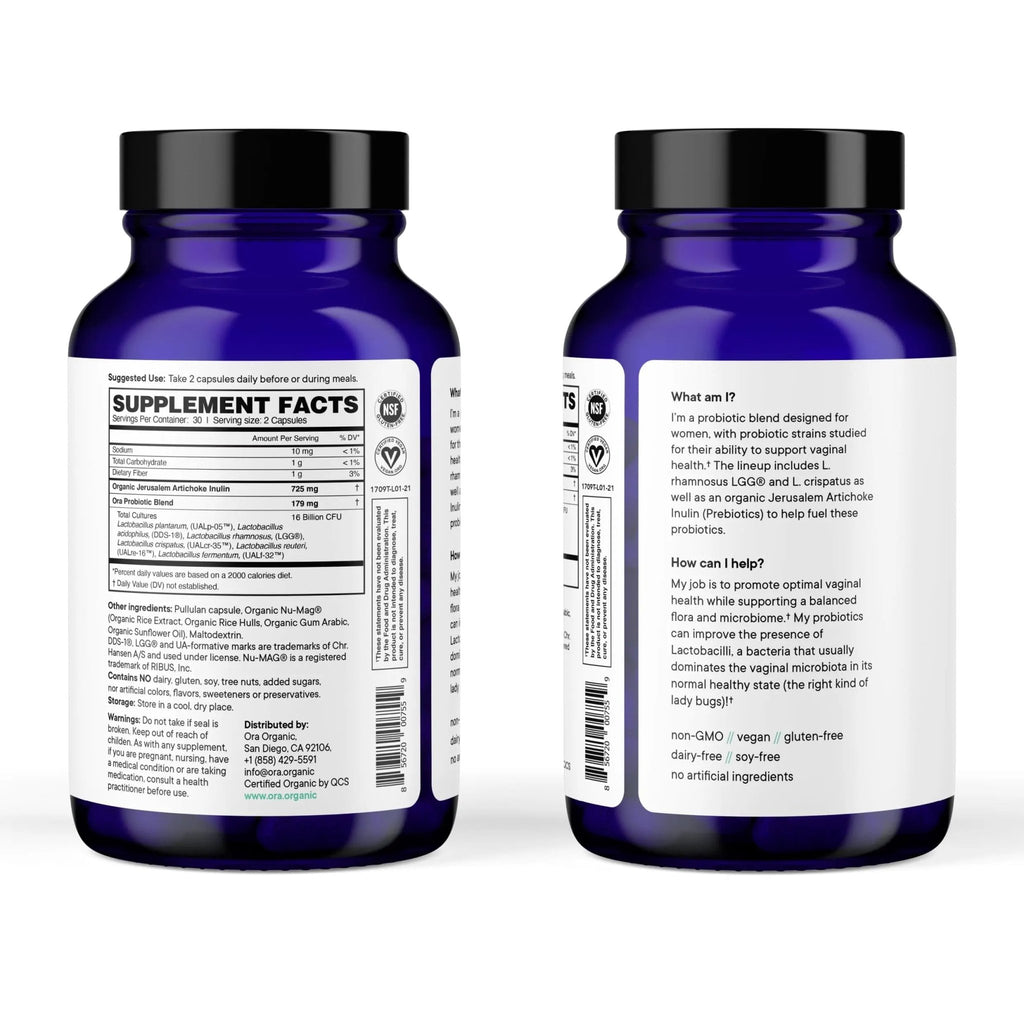 Ora Organic Prebiotics and Probiotics for Women - Lactobacillus for Vaginal and Urinary Tract Health, Contains 16 Billion CFU, 6 Strains - 1 Month Supply, 60 Vegan Probiotic Capsules - TrustMedUSA