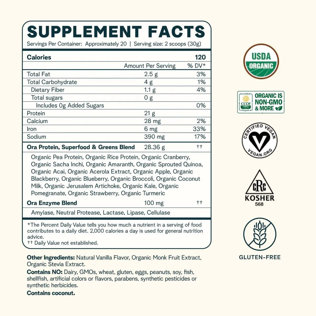 Ora Organic Protein Powder - 21g Plant-Based Protein for Women and Men Pre-Workout - TrustMedUSA