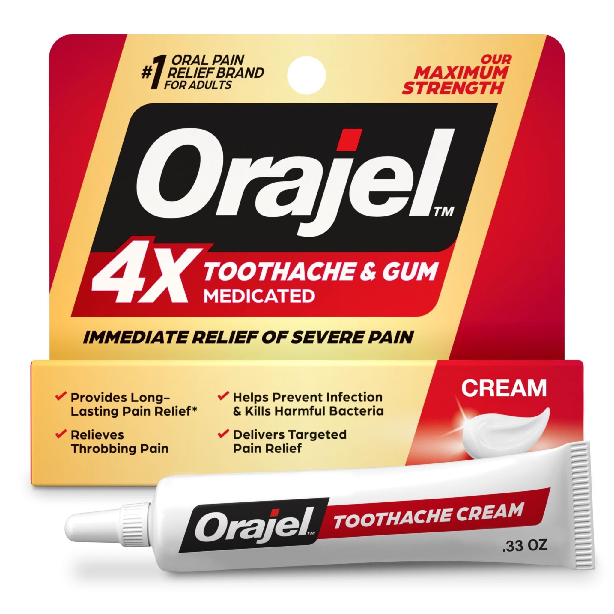 Orajel 4X for Toothache & Gum Pain: Severe Cream Tube 0.33oz- From Oral Pain Relief Brand - Maple Wellness Supplements