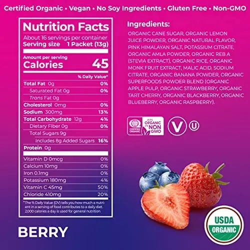 Orgain Organic Hydration Packets, Electrolytes Powder - Berry Hydro Boost - TrustMedUSA