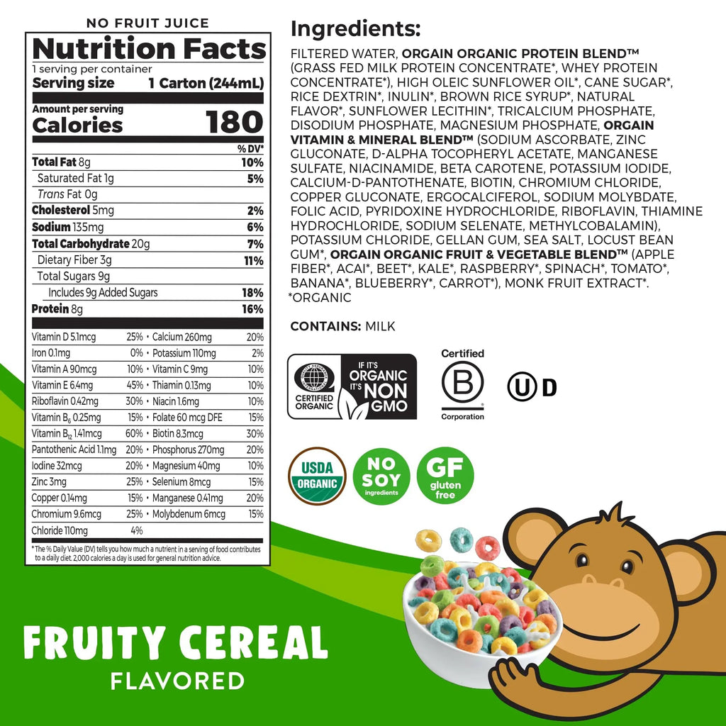 Orgain Organic Kids Nutritional Protein Shake, Fruity Cereal - Kids Snacks with 8g Dairy - TrustMedUSA