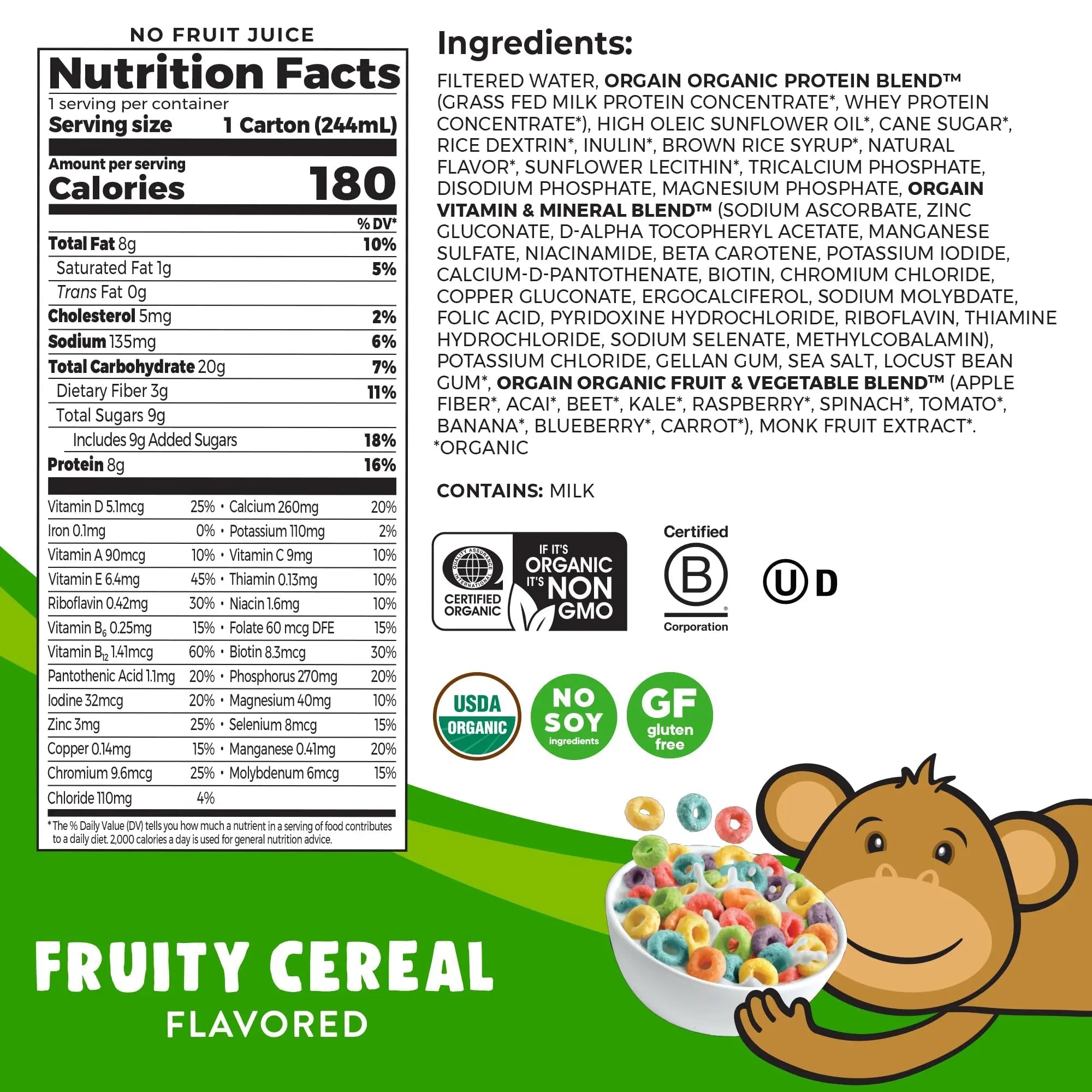 Orgain Organic Kids Nutritional Protein Shake, Fruity Cereal - Kids Snacks with 8g Dairy - TrustMedUSA