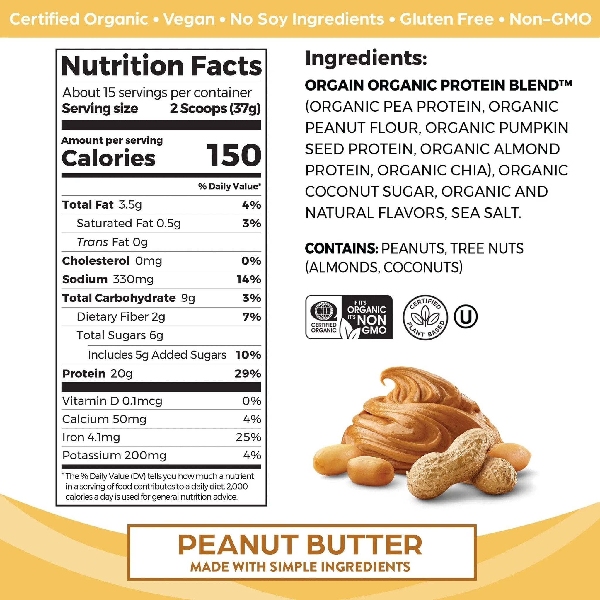 Orgain Organic Simple Vegan Protein Powder, Peanut Butter - 20g Plant Based Protein - TrustMedUSA