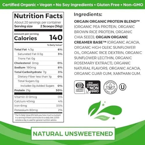 Orgain Organic Unflavored Vegan Protein Powder, Natural Unsweetened - 21g Plant Based - TrustMedUSA