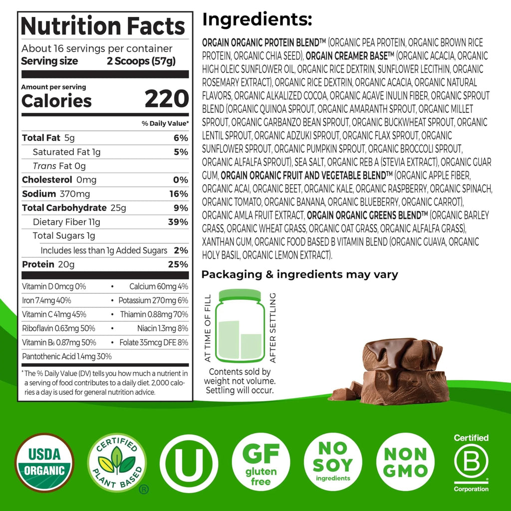 Orgain Organic Vegan Meal Replacement Protein Powder, Creamy Chocolate Fudge - 20g Plant Based Protein, Gluten Free, Dairy Free, Lactose Free, Soy Free, No Sugar Added, - TrustMedUSA