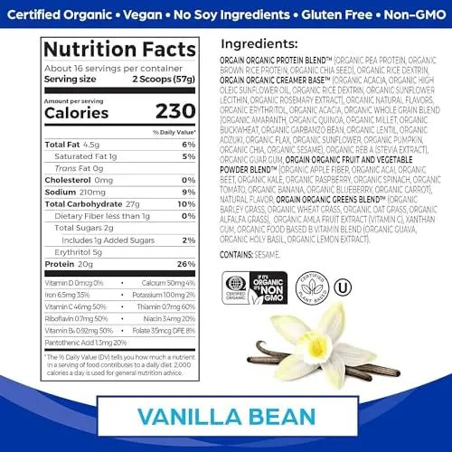 Orgain Organic Vegan Meal Replacement Protein Powder, Vanilla Bean - 20g Plant Based - TrustMedUSA